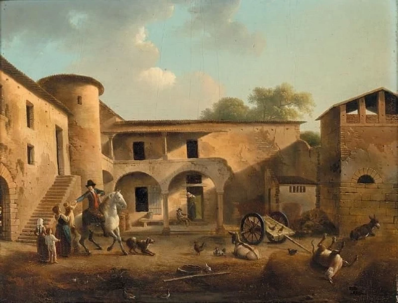 Alexandre Hyacinthe Dunouy - Un cortile con cavaliere che saluta la famiglia
